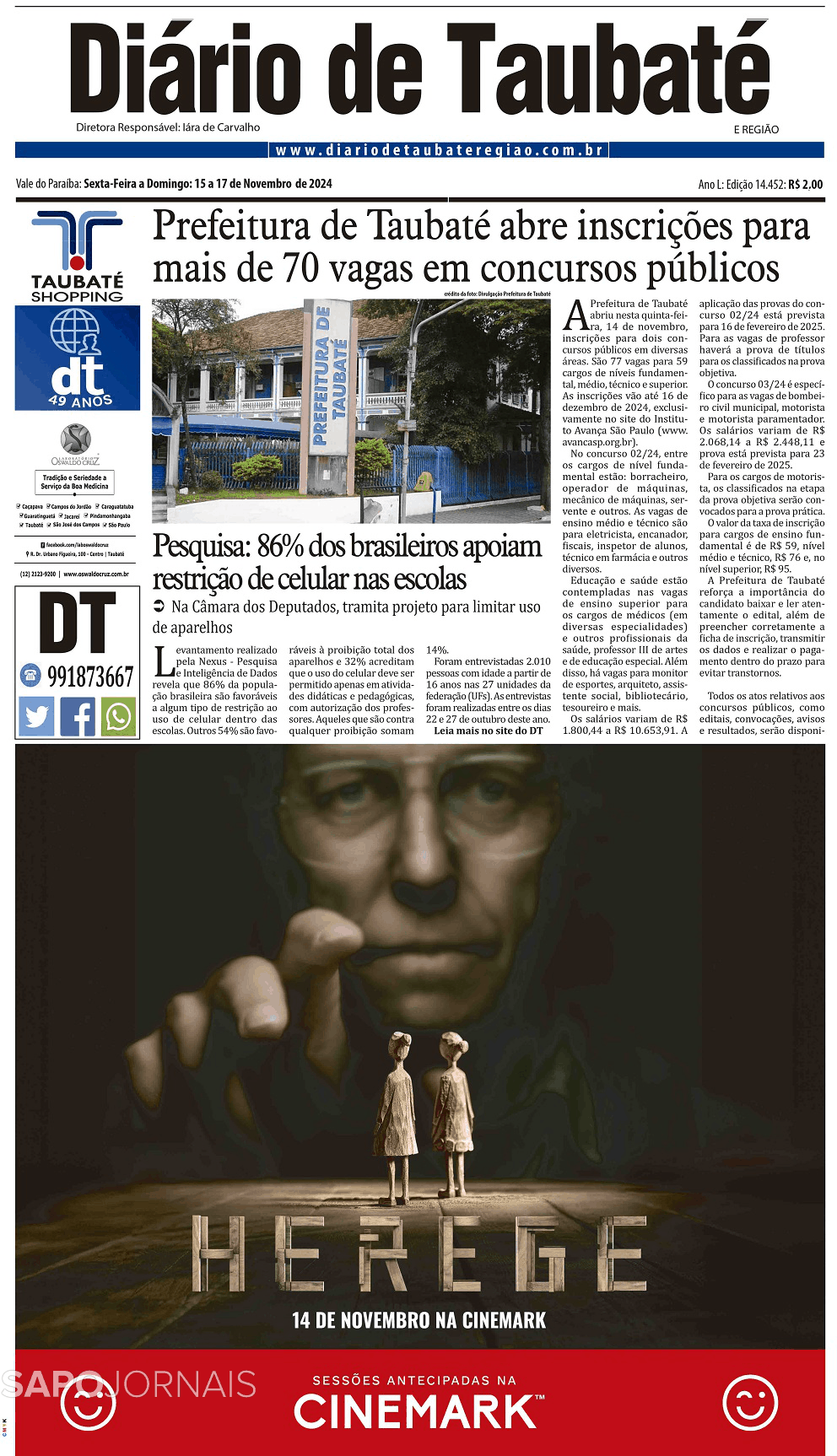 Diário de Taubaté 15 nov 2024 Jornais e Revistas SAPO pt Última