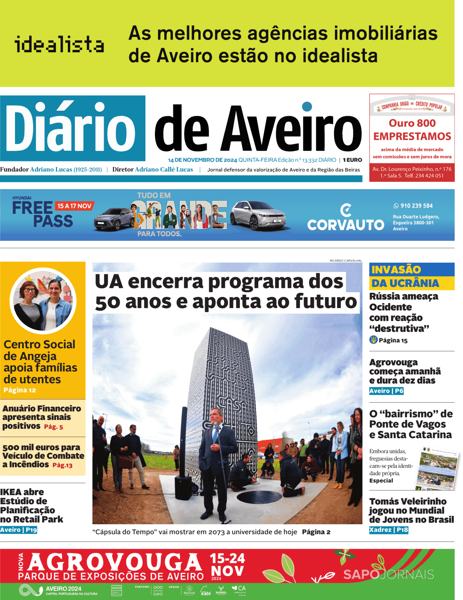 Diário de Aveiro 14 nov 2024 Jornais e Revistas SAPO pt Última