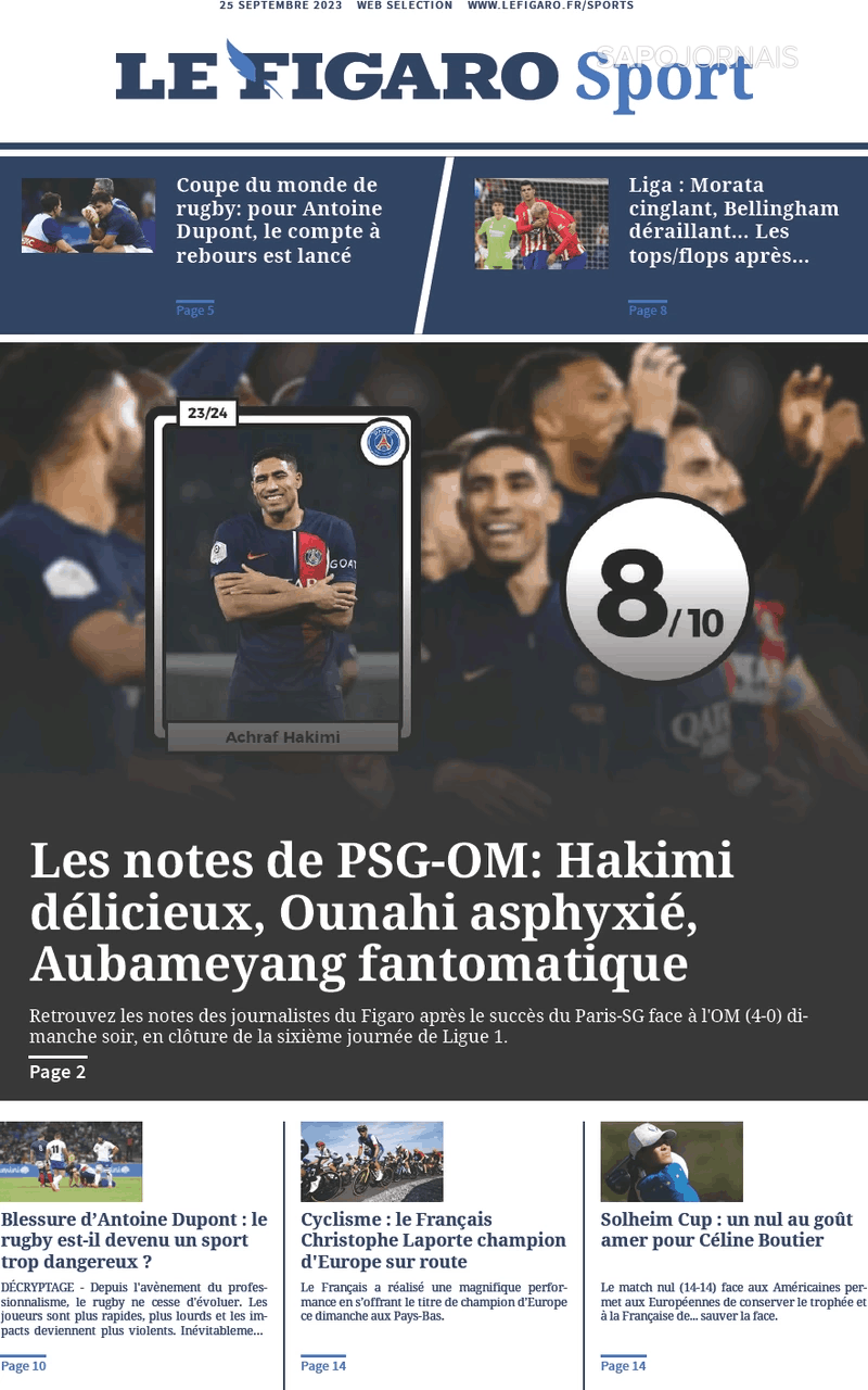 Le Figaro Sport 25 set 2023 Jornais e Revistas SAPO pt Última