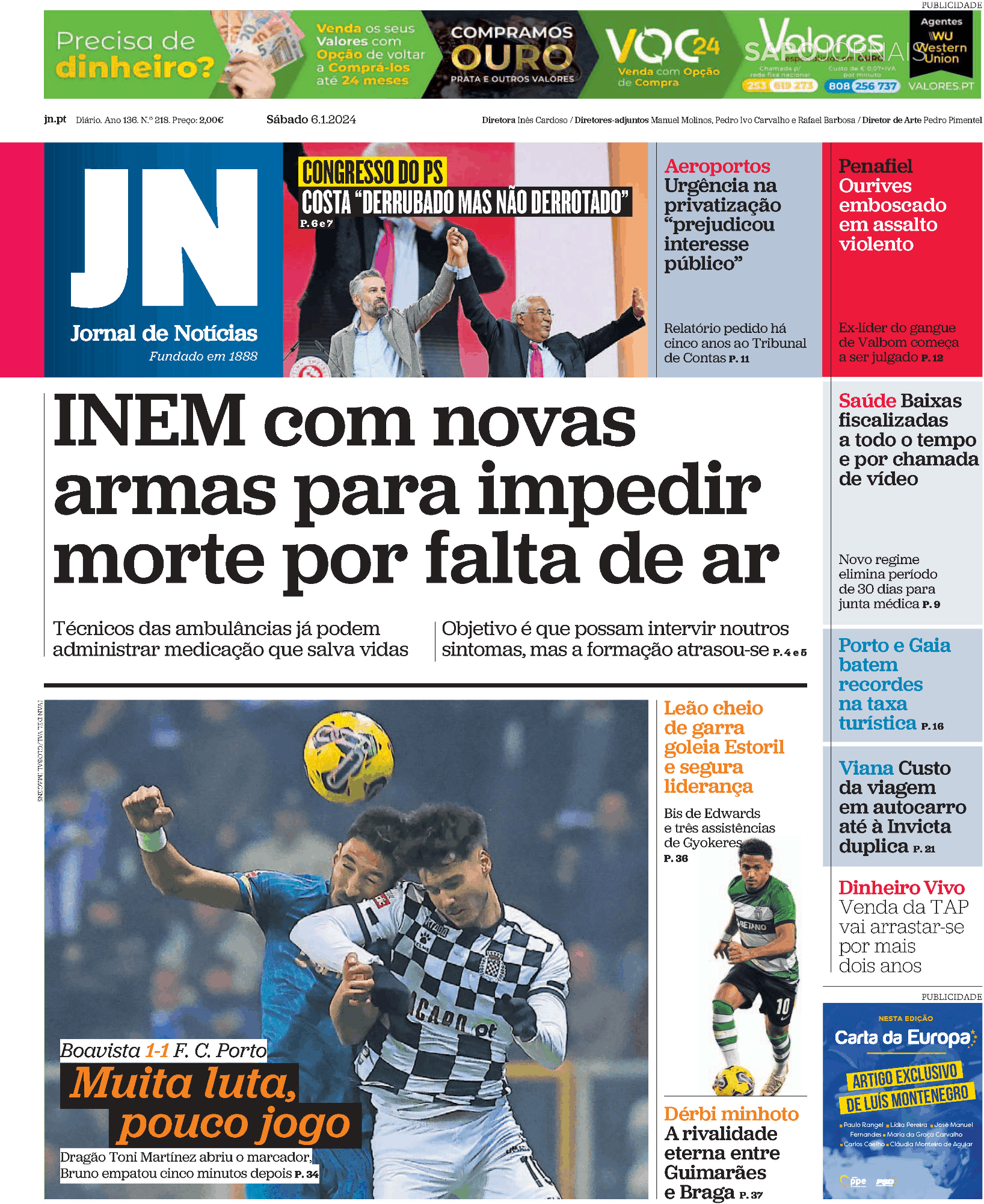 Jornal De Notícias 6 Jan 2024 Jornais E Revistas Sapopt Última Hora E Notícias De Hoje 6136