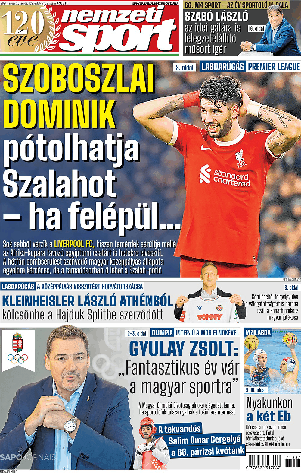 Nemzeti Sport (3 jan 2024) Jornais e Revistas SAPO.pt Última hora e notícias de hoje