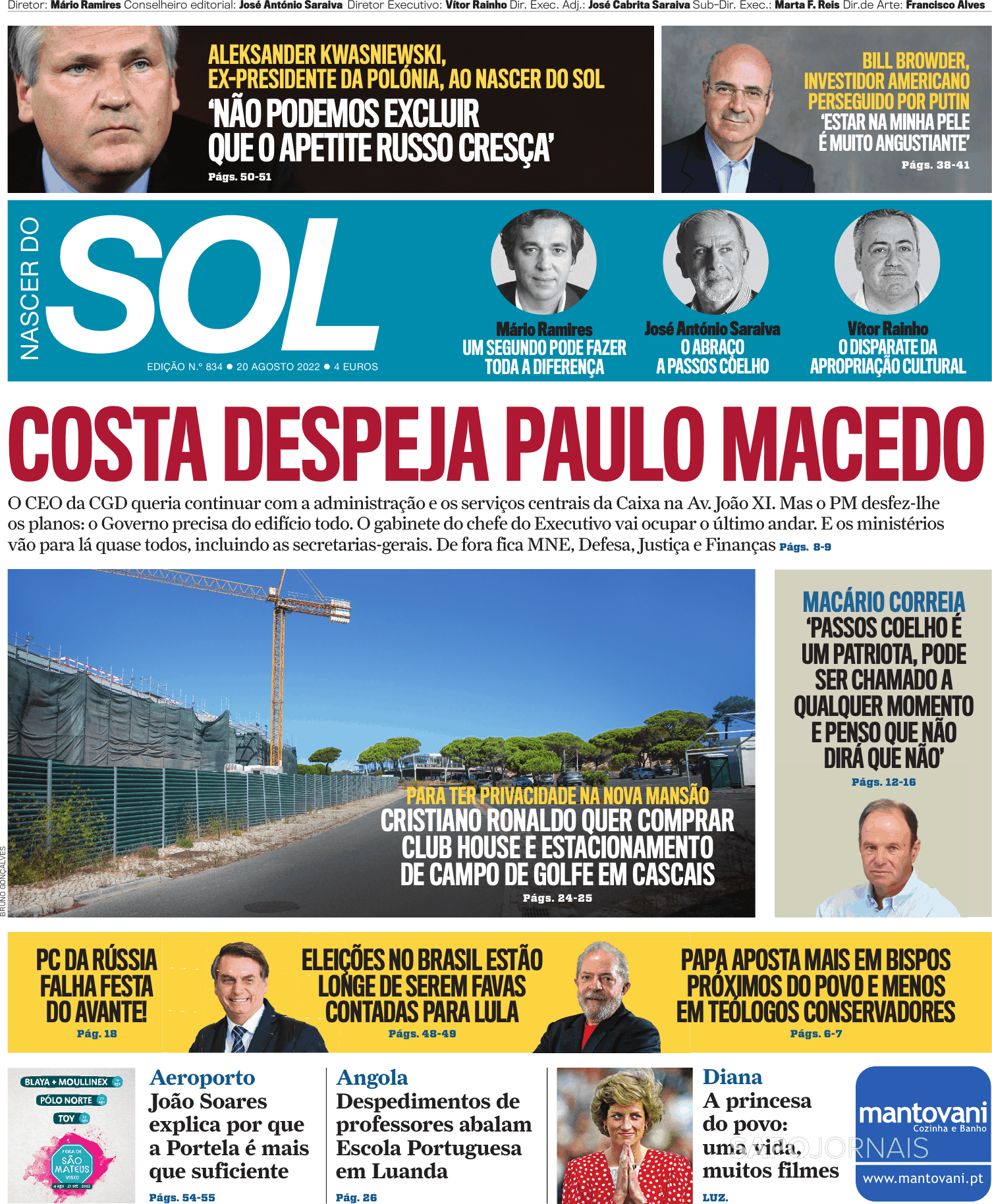 Nascer do SOL, Capa jornal Nascer do SOL · 20 agosto 2022