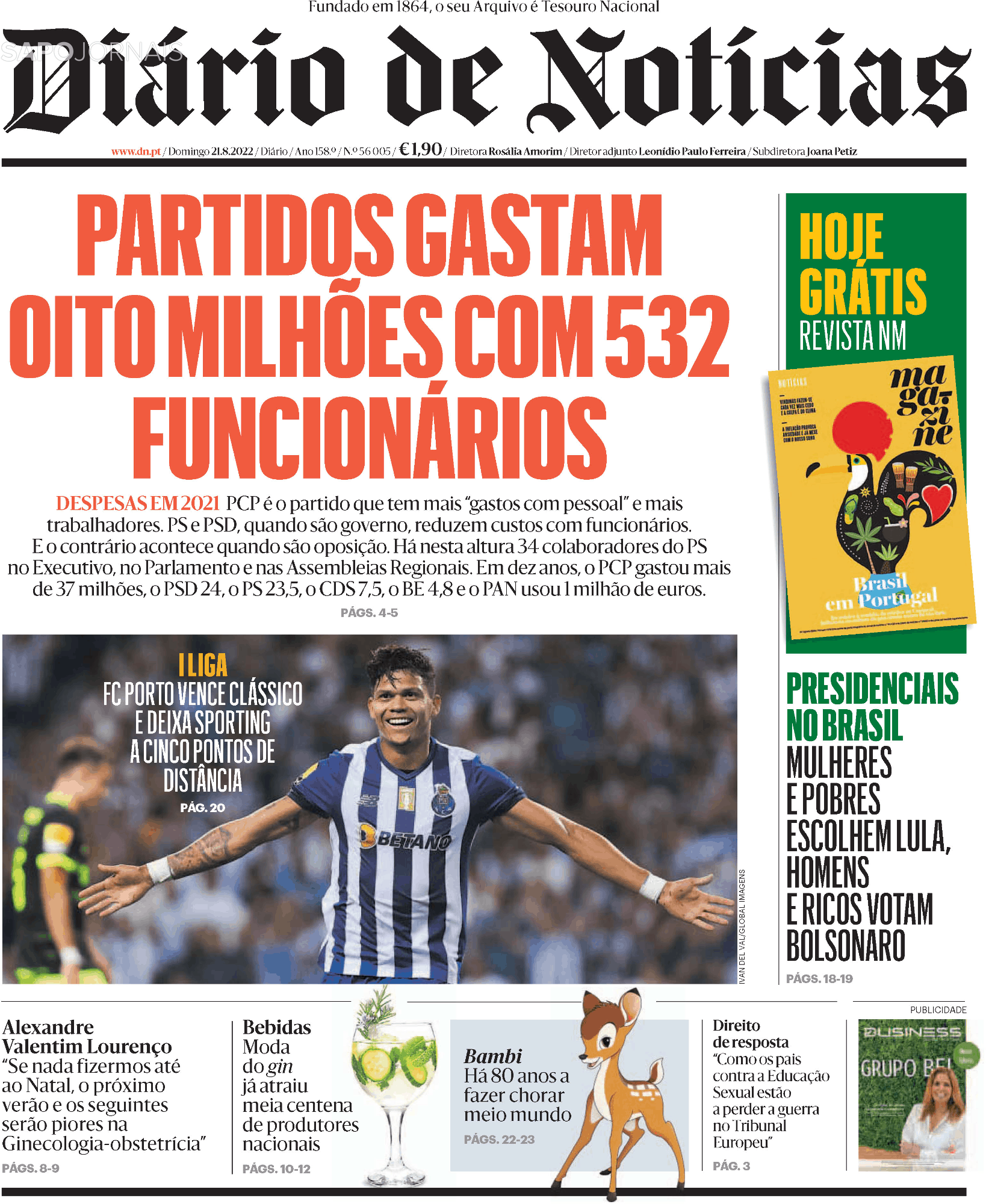 Diário de Notícias, Capa jornal Diário de Notícias · 21 agosto 2022