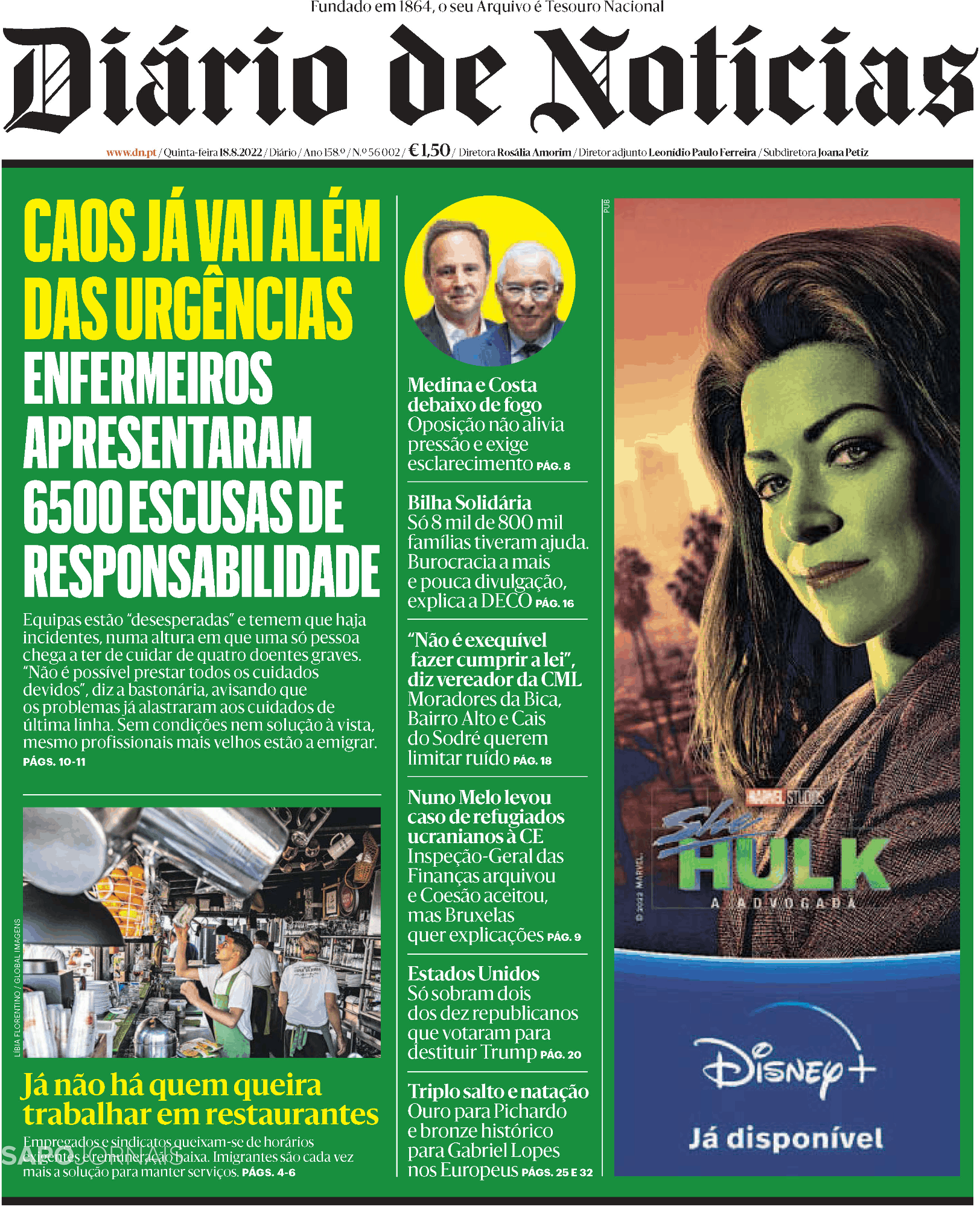 Diário de Notícias, Capa jornal Diário de Notícias · 18 agosto 2022