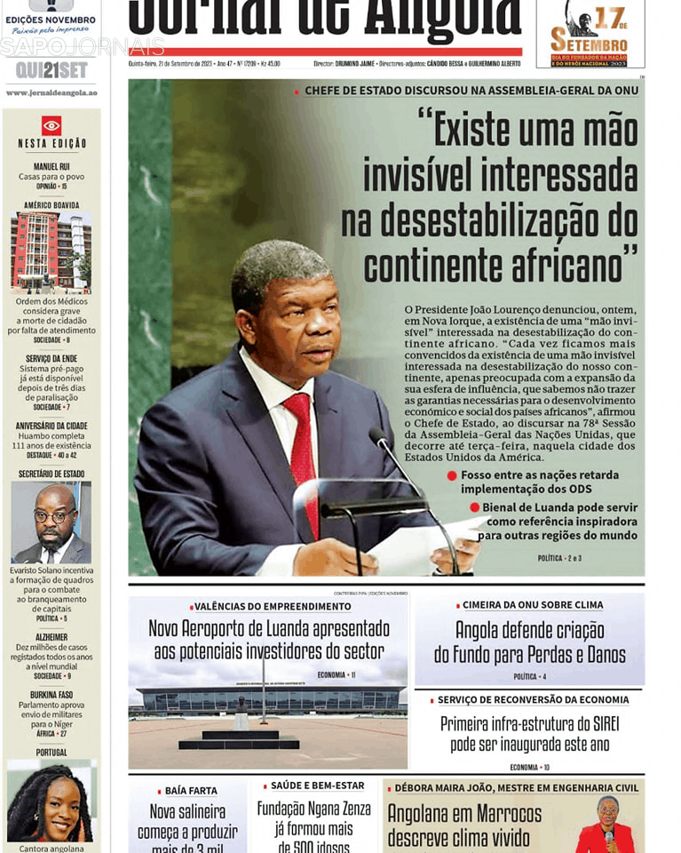 Jornal De Angola 21 Set 2023 Jornais E Revistas Sapopt Última Hora E Notícias De Hoje 6557