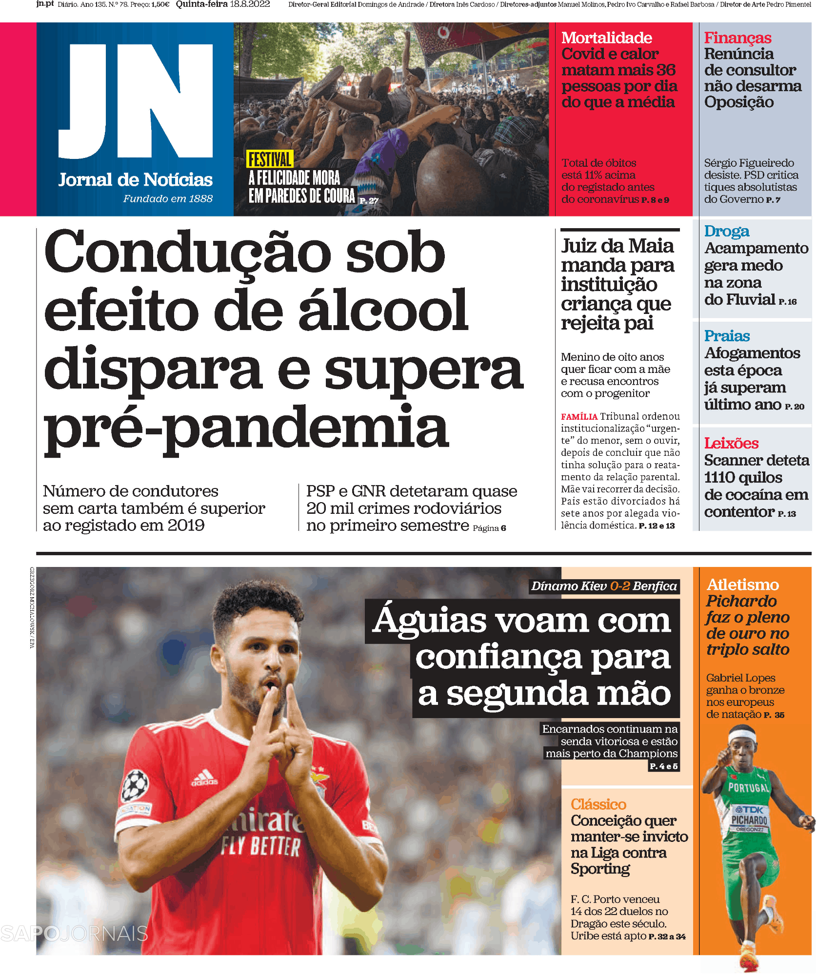 Jornal de Notícias, Capa Jornal de Notícias · 18 agosto 2022