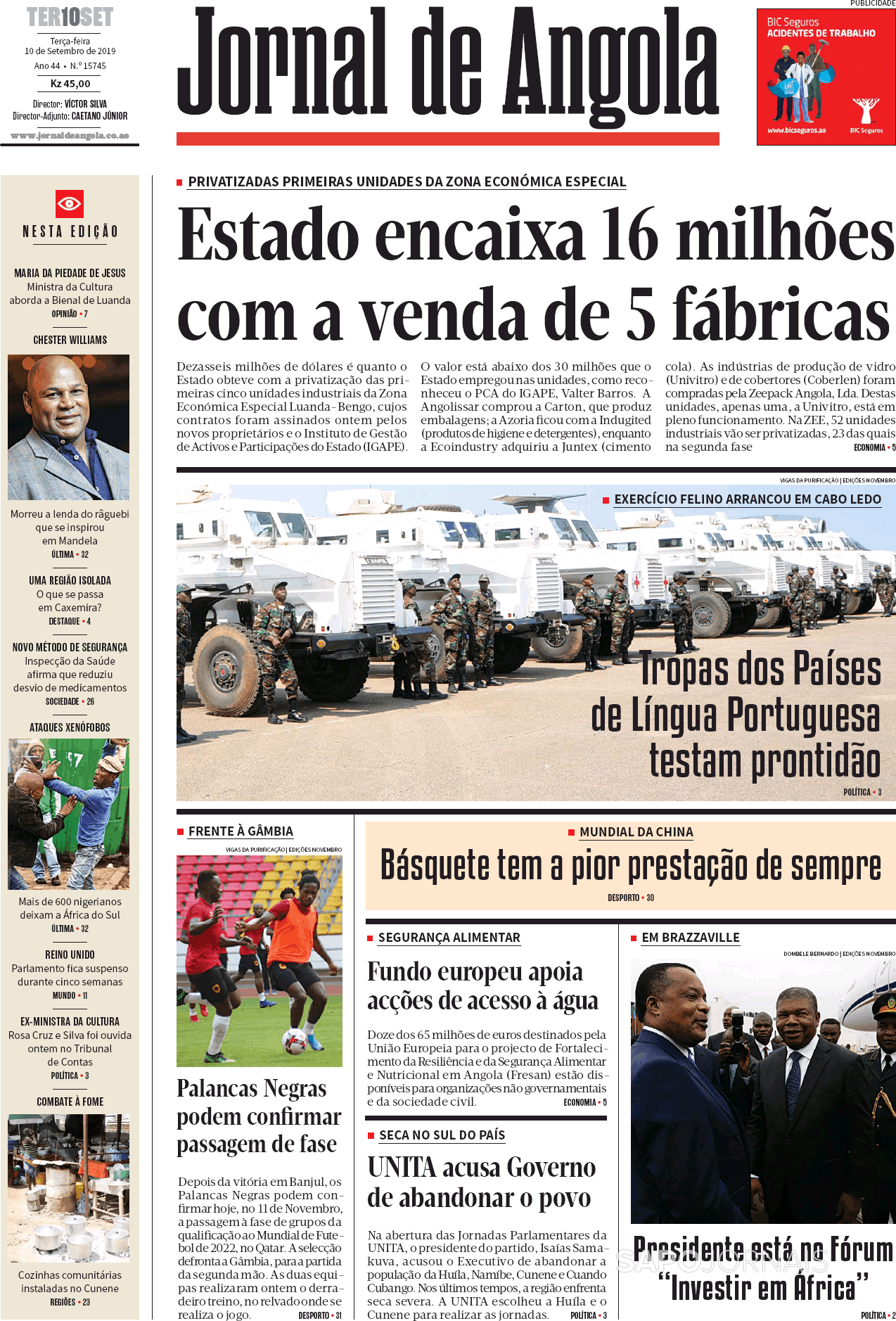 Jornal De Angola 10 Set 2019 Jornais E Revistas Sapopt Última Hora E Notícias De Hoje 9547