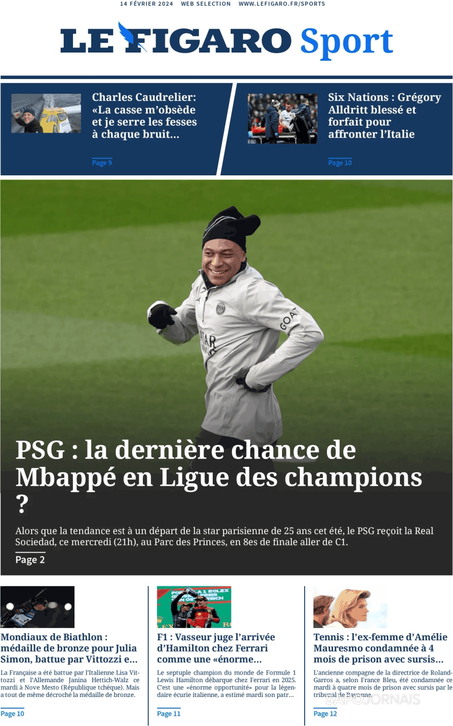 Le Figaro Sport (14 fev 2024) Jornais e Revistas SAPO.pt Última