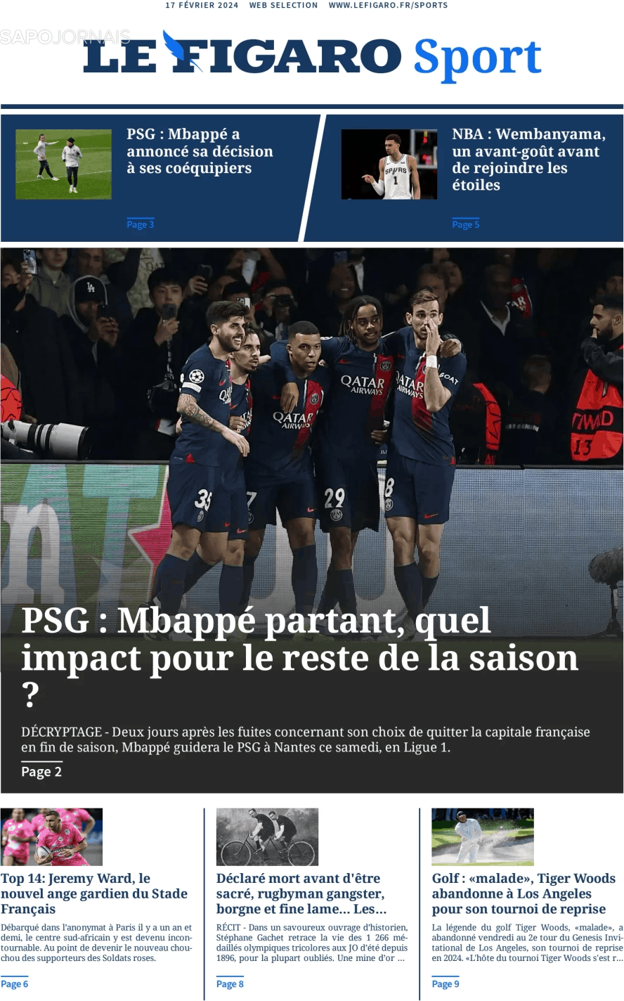 Le Figaro Sport (17 fev 2024) Jornais e Revistas SAPO.pt Última