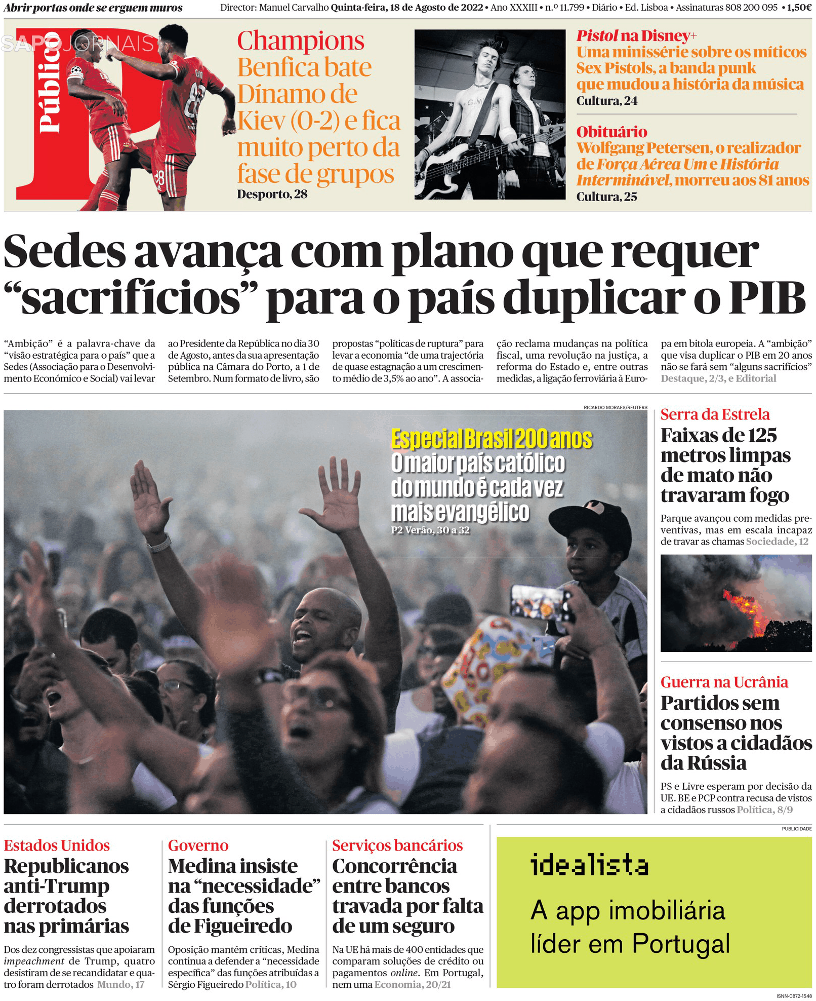 Público, Capa jornal Público · 18 agosto 2022