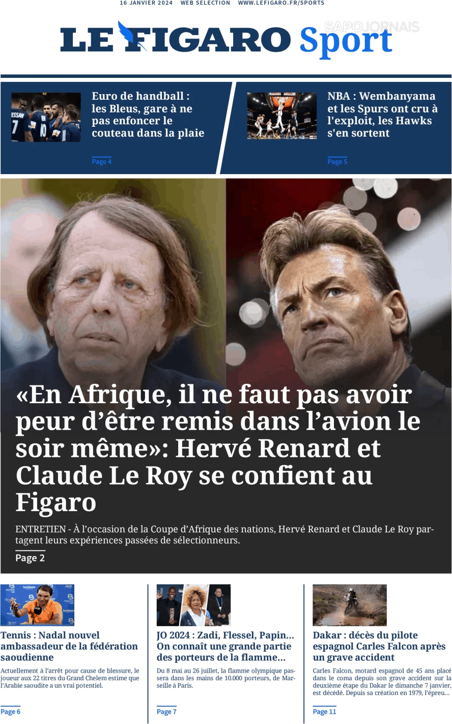 Le Figaro Sport (16 jan 2024) Jornais e Revistas SAPO.pt Última