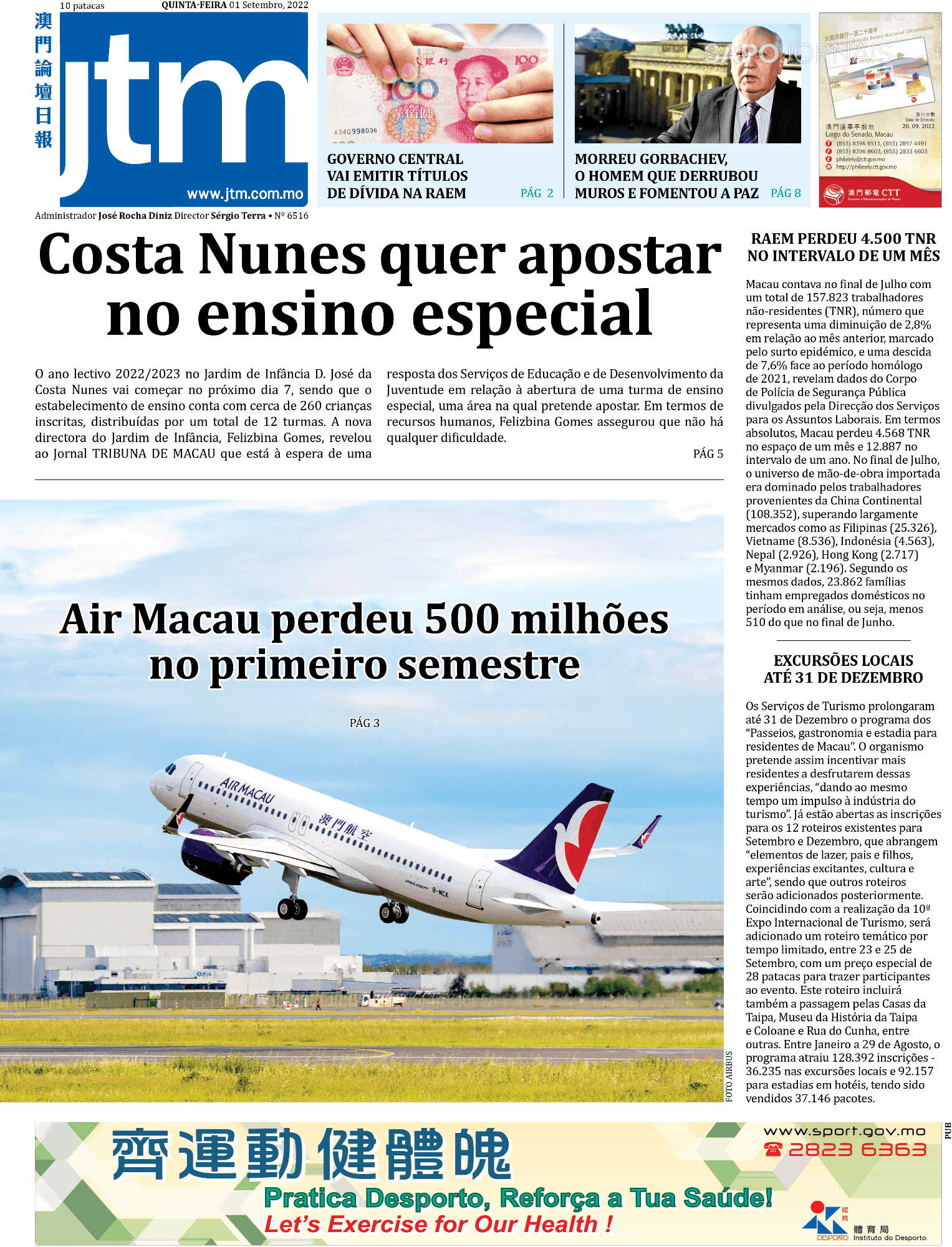 Jornal Tribuna De Macau 1 Set 2022 Jornais E Revistas Sapopt Última Hora E Notícias De 1221