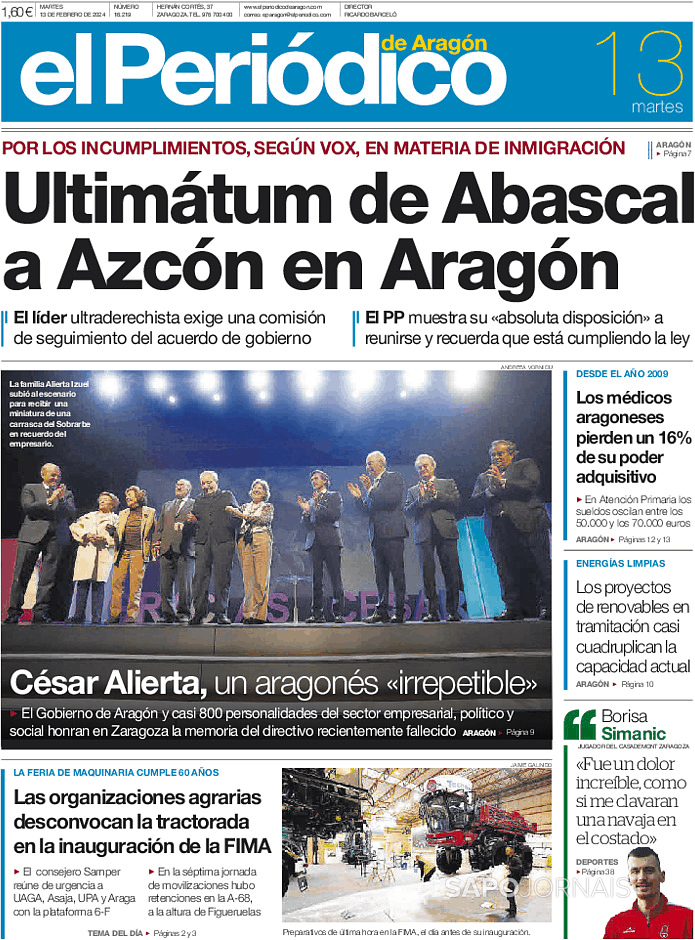 El peri dico de arag n 13 fev 2024 jornais e revistas sapo pt