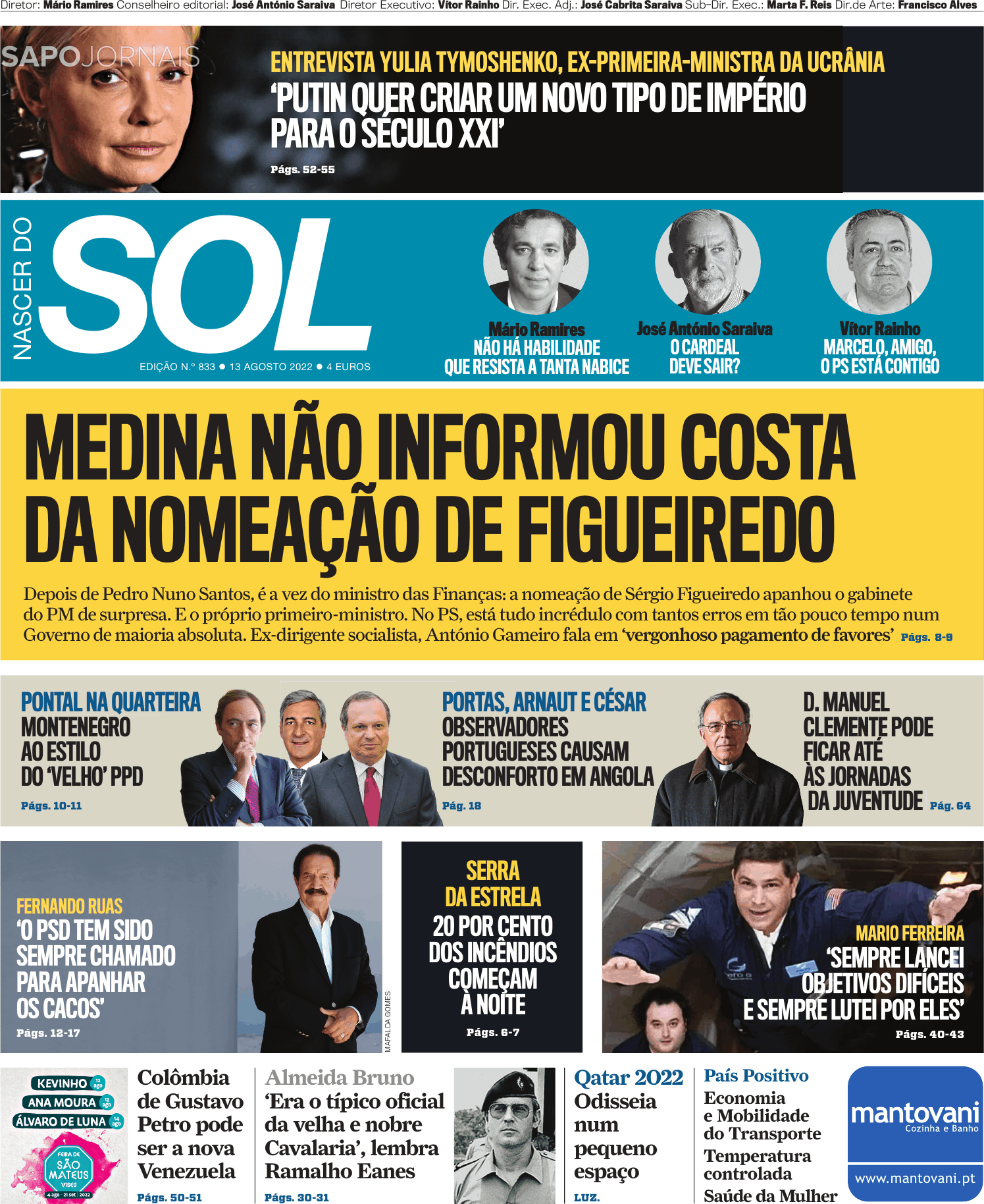 Nascer do SOL, Capa jornal Nascer do SOL · 13 agosto 2022