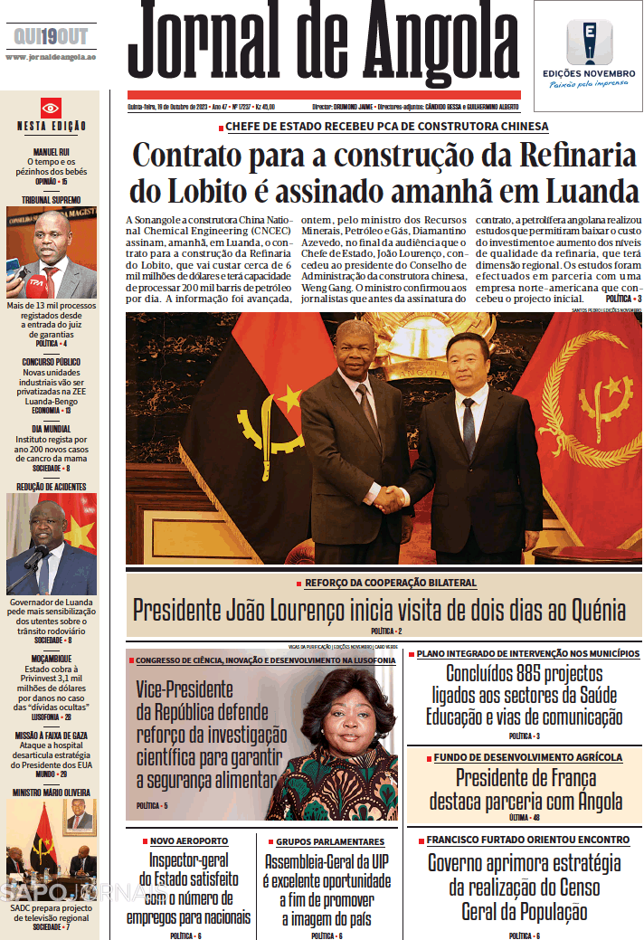 Jornal De Angola 19 Out 2023 Jornais E Revistas Sapopt Última Hora E Notícias De Hoje 3359